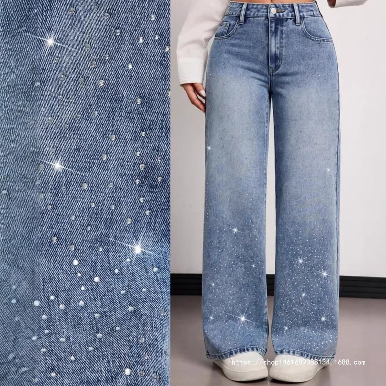 Export Women's Wide-Leg Jeans Boyfriend Jeans with Rhinestone Decor, Women's Cargo Jeans Wholesale