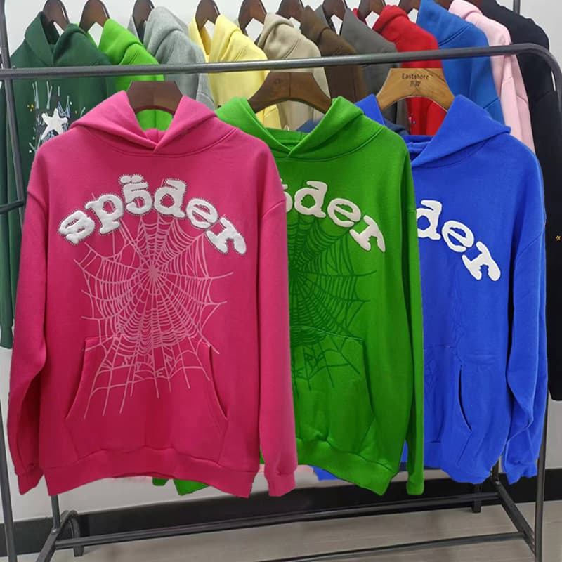 New Spider Web Heavyweight 450G Velvet Hoodie with Foam Powder Print Sp5der Hoodie Pink