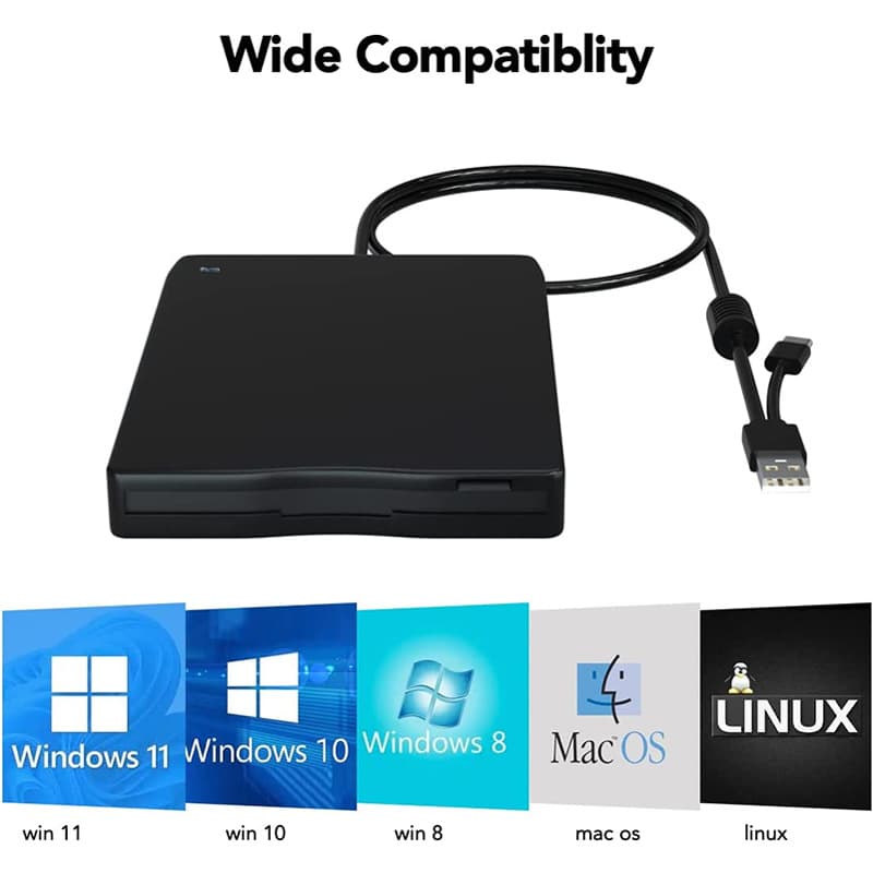 USB 2.0 external floppy drive for computers and laptops, plug and play, supports 3.5-inch 1.44MB floppy disks.