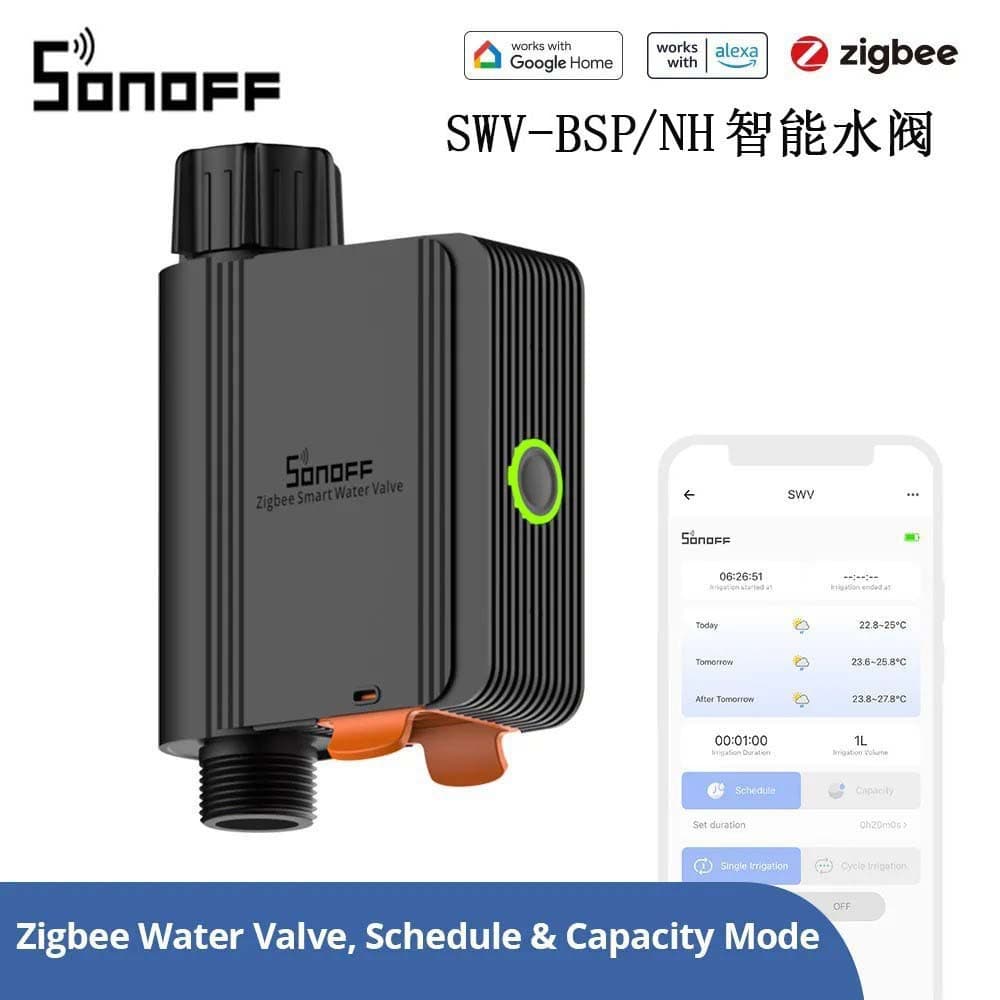 SONOFF Zigbee SWV Smart Water Valve, Smart Home Single Outlet Irrigation Water Valve, APP Remote Control for Garden Sprinkling