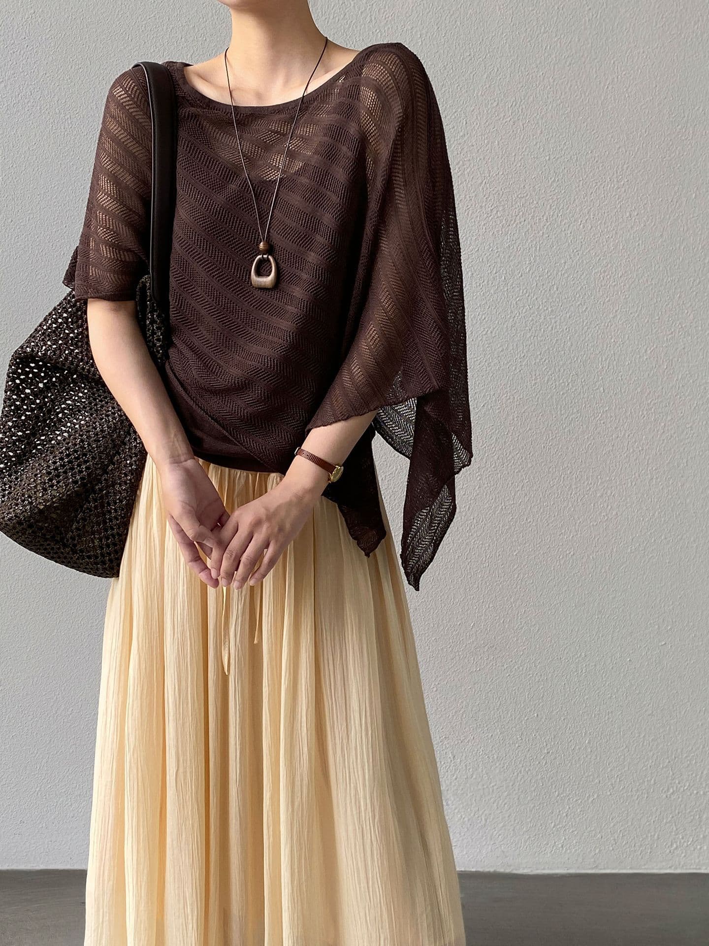Jiangzuo French Style Irregular Hollow Knit Cardigan Two-Piece Set for Women Summer: Knit Cover-Up + Camisole Top 98960