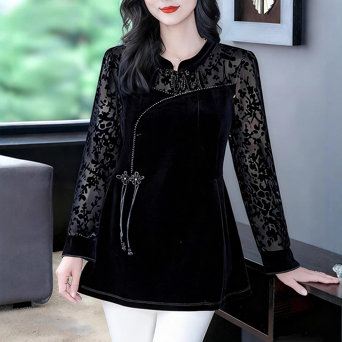2025 Autumn New Arrival High-End Velvet Retro Hand-embroidered Jacquard Sexy Slimming Long-Sleeved Shirt Plus Size Women's Clothing