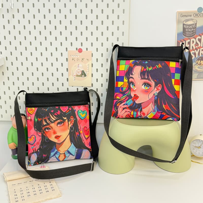 New African Black Women's Bag, Printed Cartoon Pattern, Polyester Crossbody, Waterproof Nylon Fabric, Single Shoulder, Double Pocket Storage