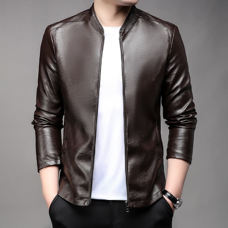 Amazon Men's Wholesale Leather Jacket Men's Hong Kong Style Slim Stand Collar Men's PU Coat Trendy Youth Men's Leather Jacket