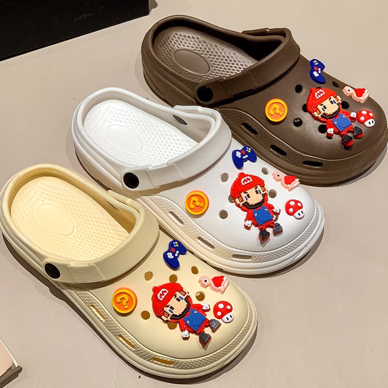 Super Mario Crocs Women Nurse Breathable New Fashion Lightweight Cute Outdoor Summer Closed Toe Half Slippers Men
