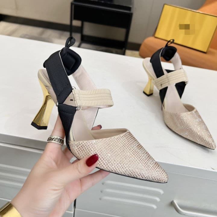 2026 Early Summer Fashion F Women's Denim Rhinestone Pointed Toe Open Back Mule Heels