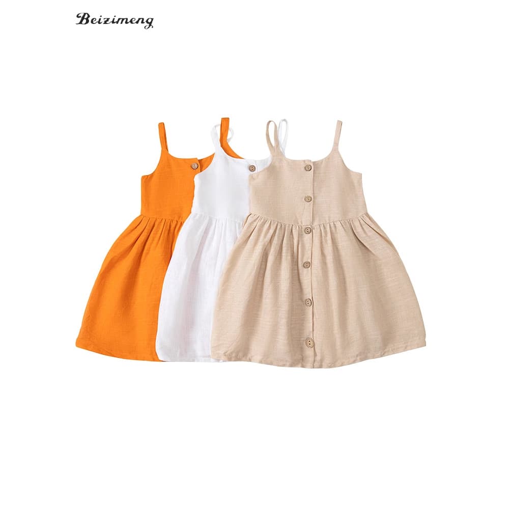 Summer Cotton Linen Baby Girl Dress Korean Style Princess Skirt Soft Treatment All Trimmings Clean Pure Color Available in Stock
