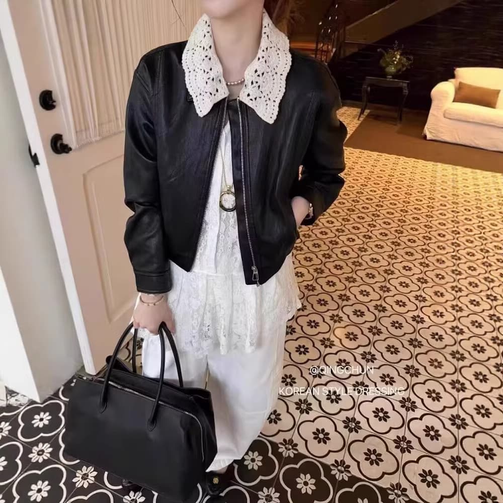 Korean Lace Trim Lapel Stitching PU Leather Jacket for Women 2026 Spring New Fashion Versatile PU Leather Coat