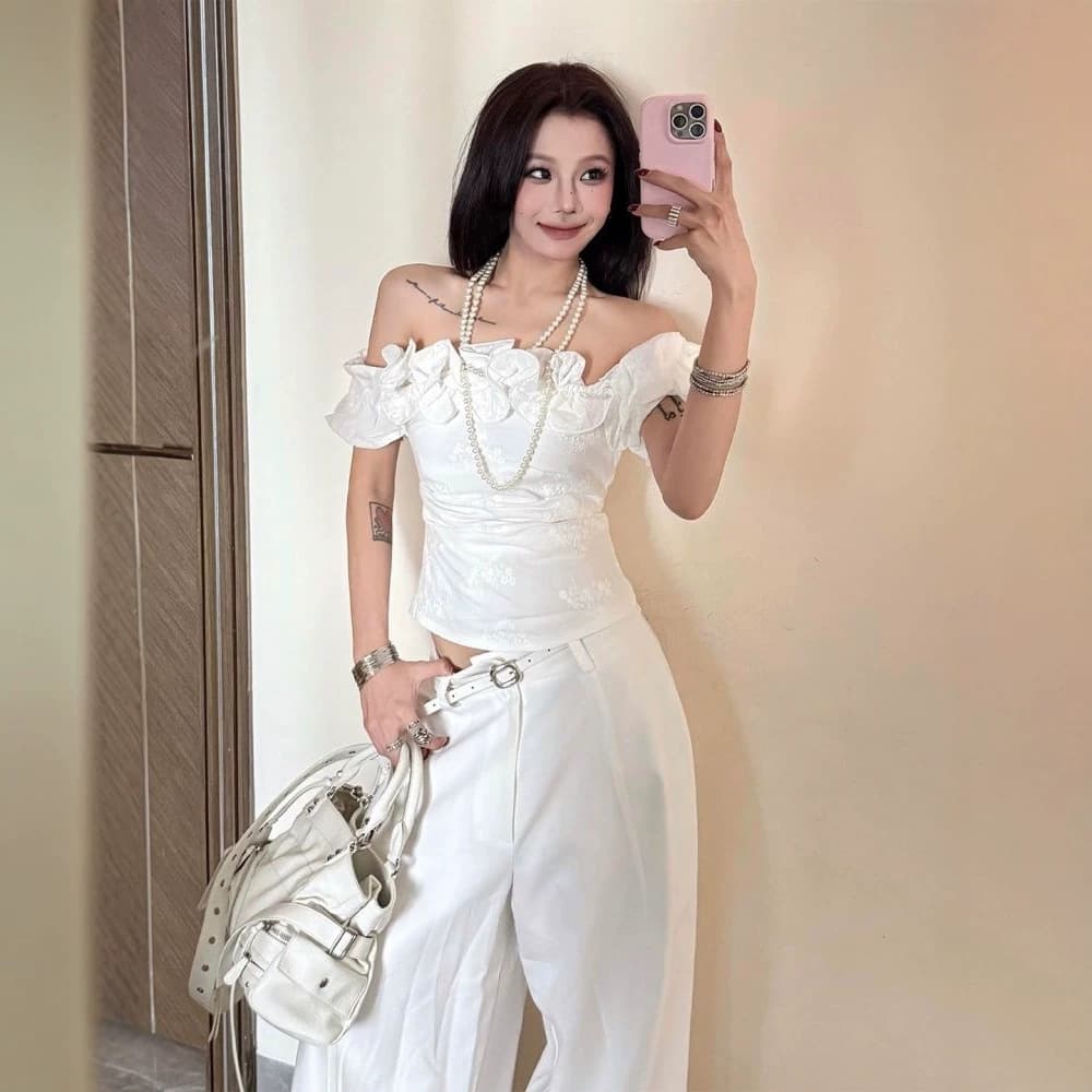 French Rolled Hem Jacquard Off-Shoulder Short-Sleeve T-Shirt for Women, Summer Design with Unique Ruffled Short Top