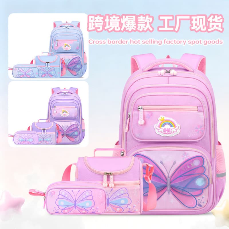 Cross-border AMAZON primary school student schoolbag girl butterfly three-piece set large-capacity spine protection and load-reducing backpack 3PCS