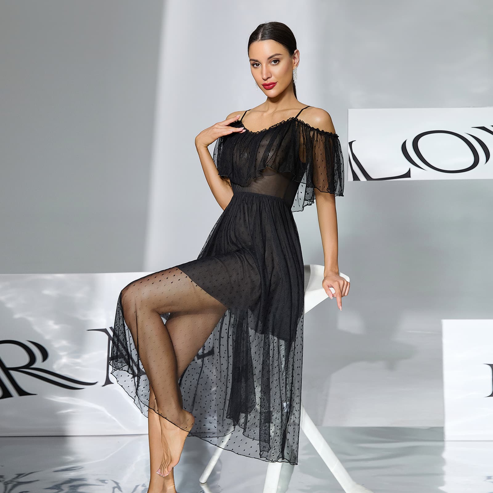 Cross-border Hot Selling Women's Sexy Off-Shoulder Strap Polka Dot Mesh Nightgown Mid-Length Fairy Home Dress 1169