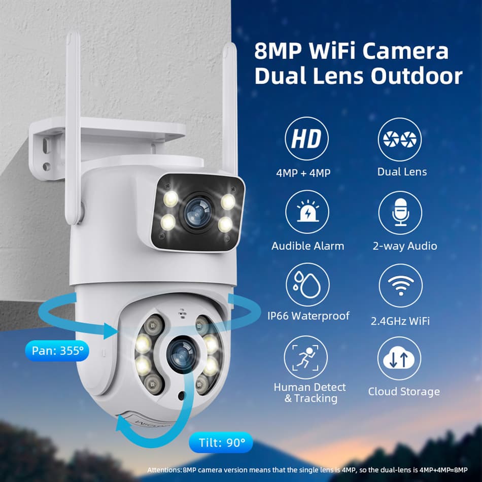icsee Gun Ball Binocular Wireless WiFi HD 8MP2 Screen Ball Machine Indoor and Outdoor Waterproof 360 Degree TPZ Full Color