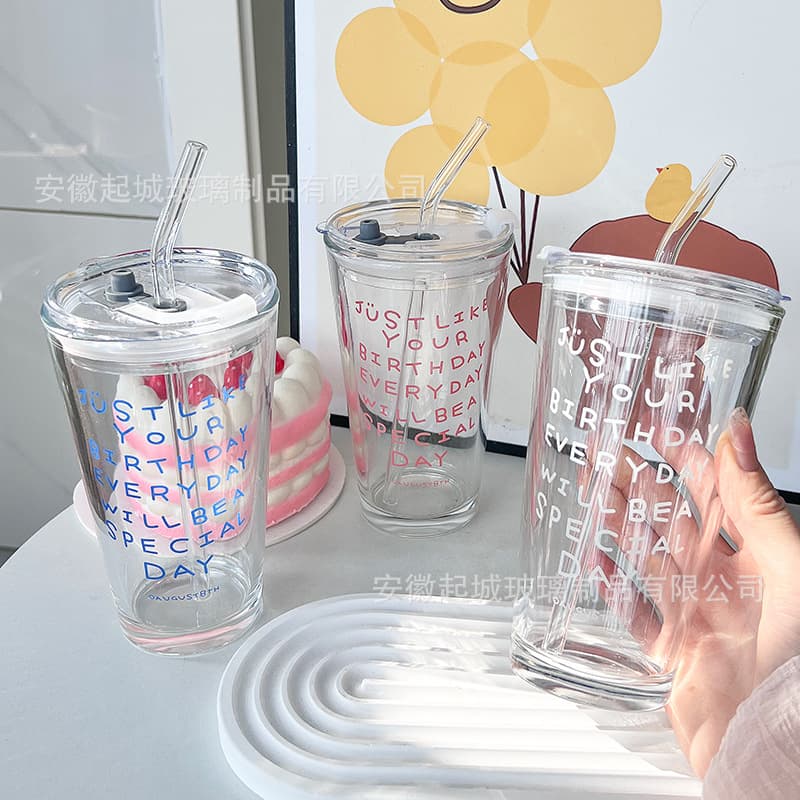 Breakfast Cup with Straw Creative Gift Glass Cup with Lid Trendy Glass Cup Milk Straw Cup