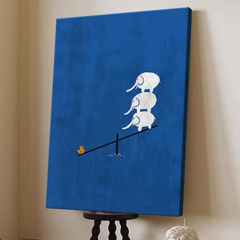 Hand-painted oil painting, Klein blue, living room/entrance hall decorative painting, niche creative three little elephants children's room wall hanging painting