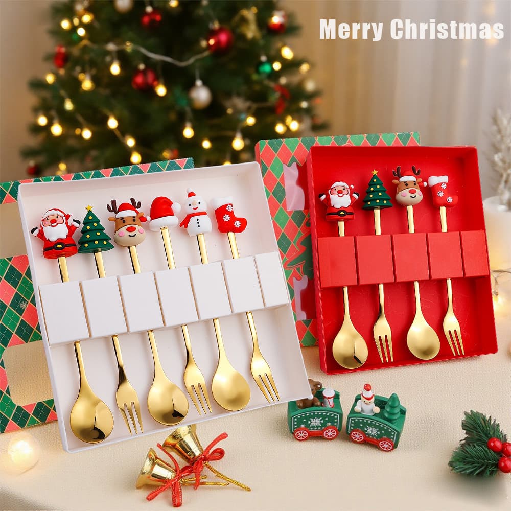 L Creative Christmas Gift Cute Cartoon Character Spoon and Fork Cutlery Gift Box Set Dessert Spoon Old Man Elk