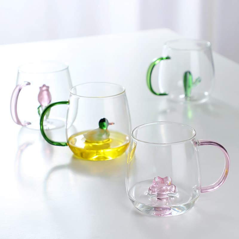 Three-dimensional cartoon mug animal glass household gift high borosilicate heat-resistant color handle girl heart milk cup