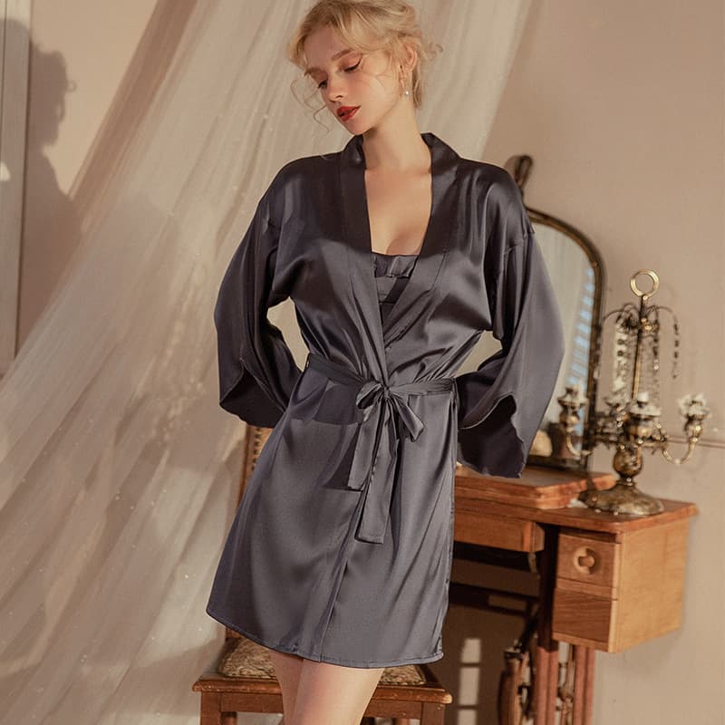Meili Kou Four Seasons Style Imitation Silk High-End Home Nightgown Ice-Feel Silky Solid Color Morning Robe Outerwear Nightgown 1710