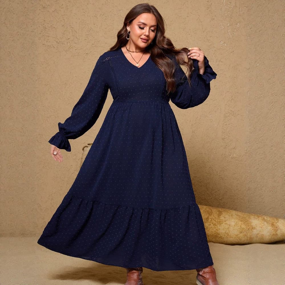 2026 Fall/Winter European and American Elegant Solid Color Pom-Pom Long Sleeve Waist-Nipped Ruffle A-Line Dress Amazon Cross-Border Women's Clothing