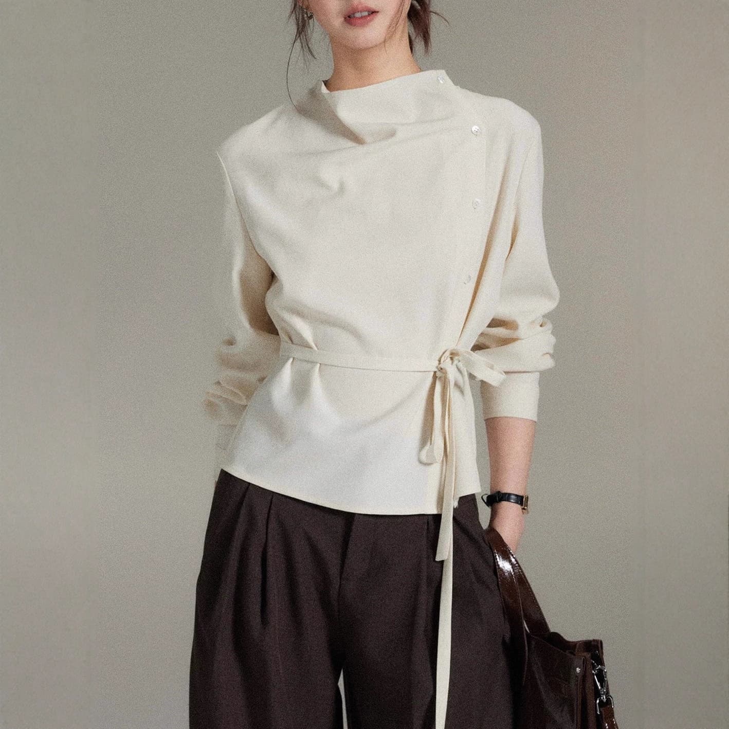 ERYANG Design [Shiyi] Simple Asymmetrical Draped Neckline Diagonal Front Wrap Belted Waist Top Women's High-End Blouse