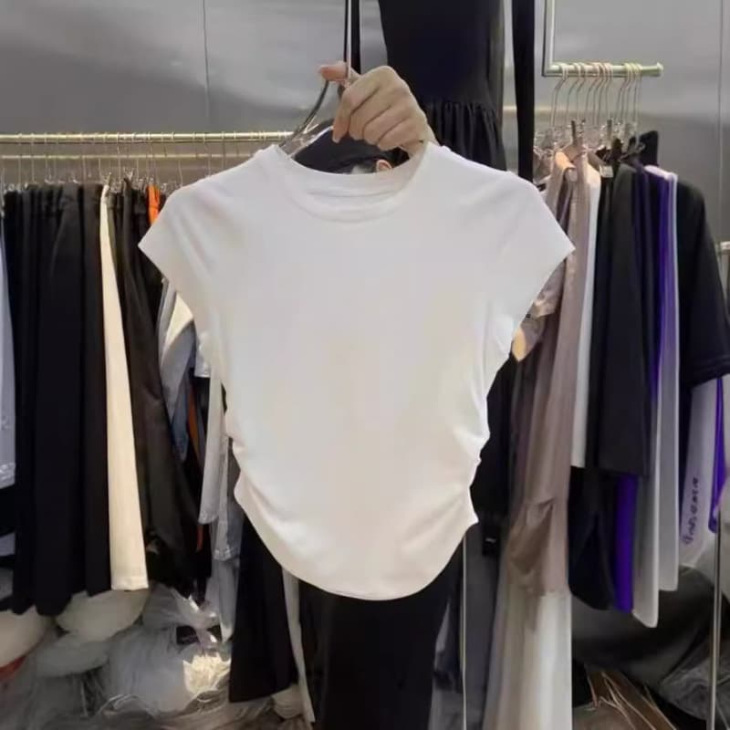Hot girl pure desire waist shirt short-sleeved women's summer new solid color bottoming pullover slim short top for women