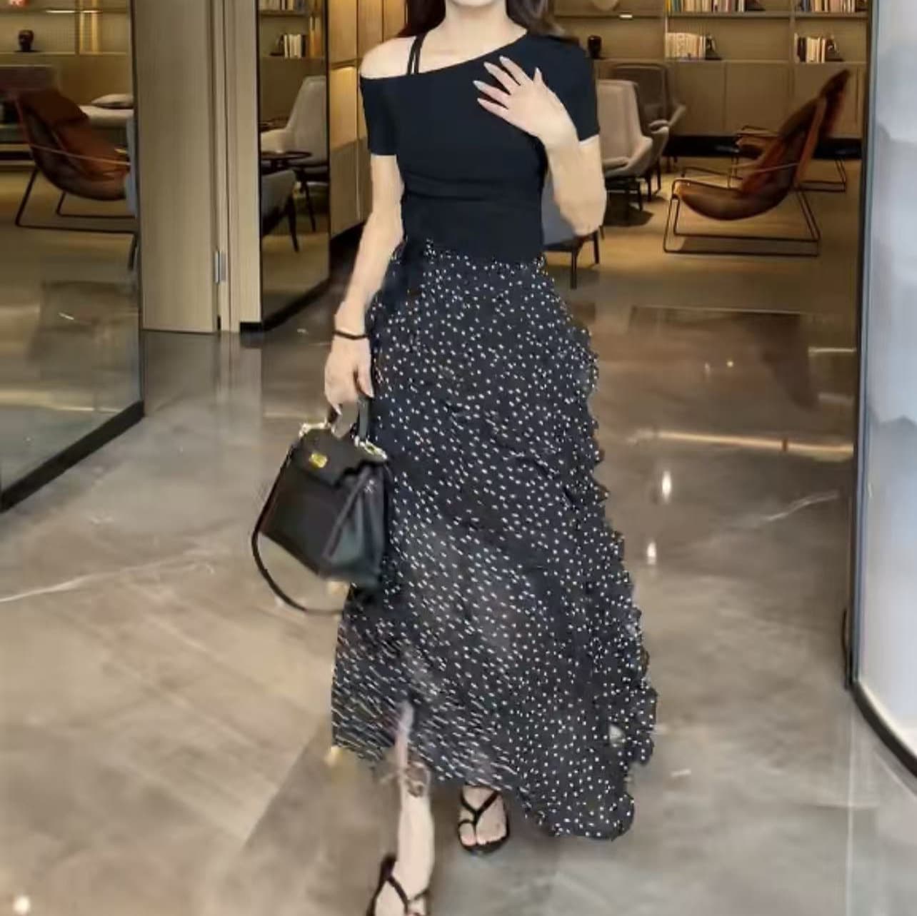 26227 New Da Ai Mei Yi Yuan 2026 Summer New Off-shoulder Drawstring Top Ruffle Polka Dot Skirt Women
