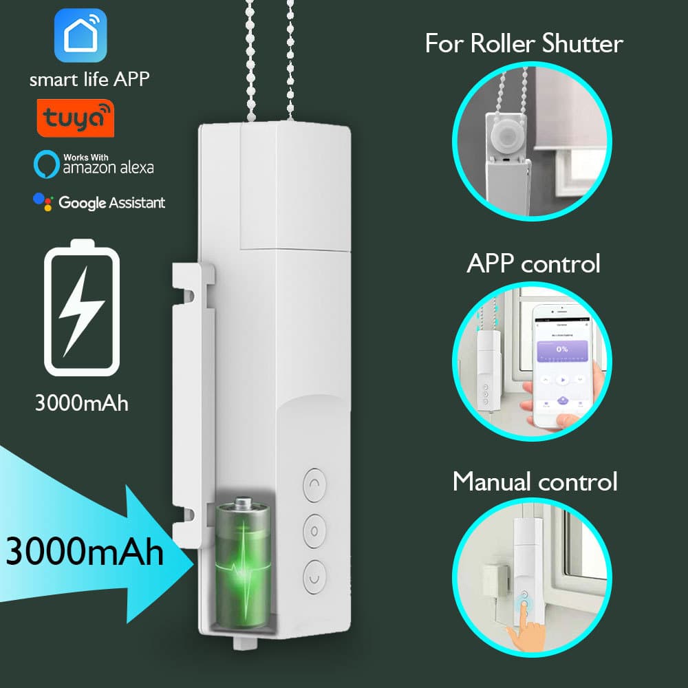 Tuya WiFi or Zigbee Bead Cord Battery Smart Electric Curtain Motor with Voice Control, Compatible with Solar Panel