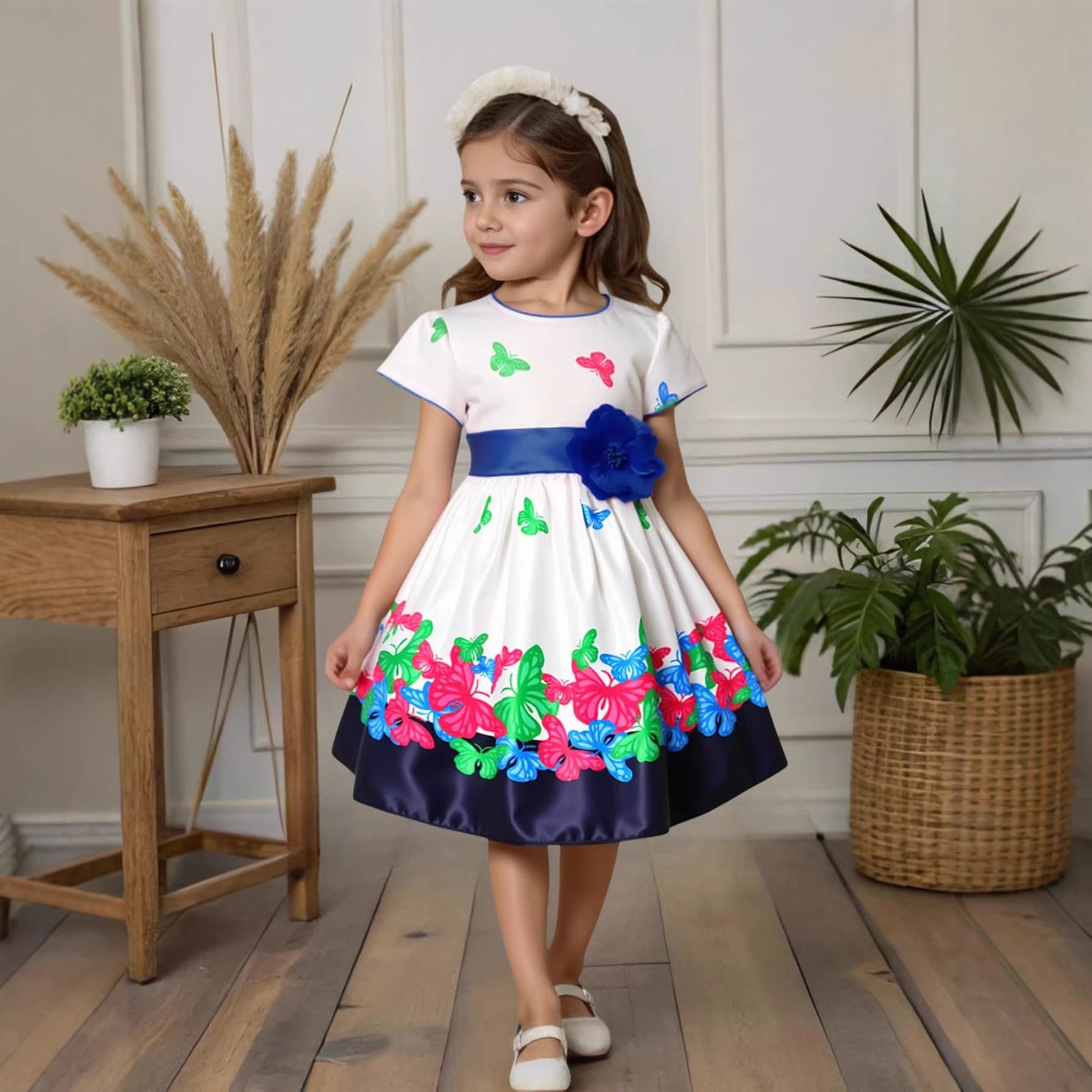 New Style Girls' Dress for Older Children, Printed Three-Dimensional Floral Short-Sleeve Princess Dress, Children's Birthday Party Runway Evening Gown