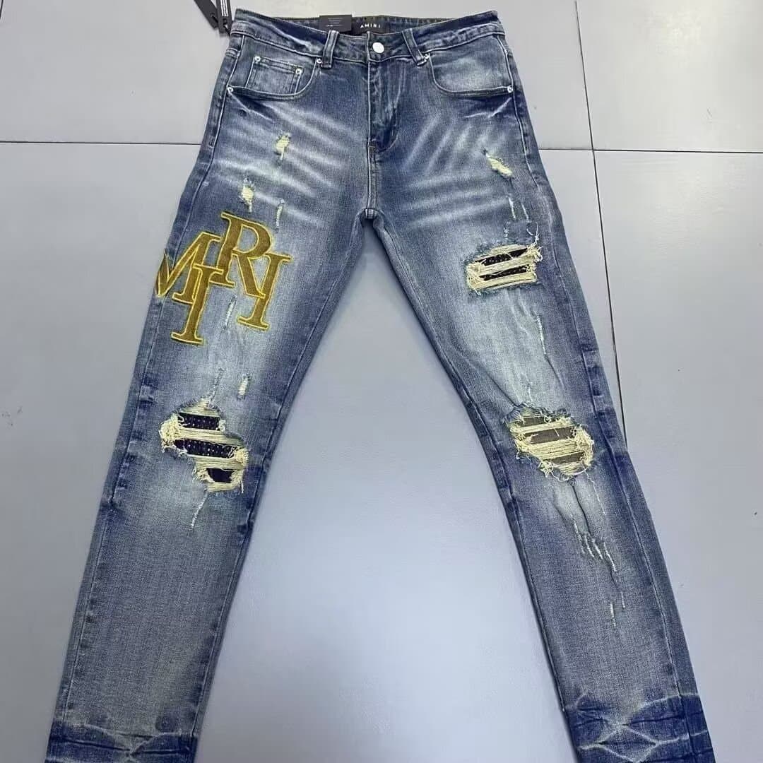 Men's Ripped Vintage Jeans Spring Autumn Trendy Embroidered Slim Fit Casual Versatile Long Pants