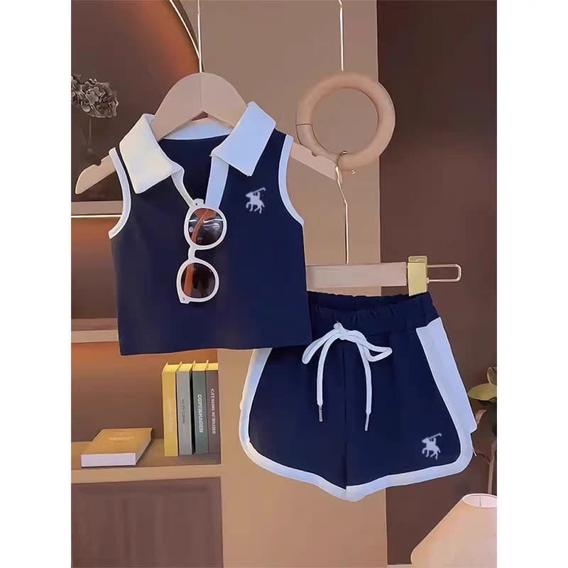 Summer New Girls School Style Polo Collar Vest Set Girls Sleeveless Outer Wear Fashion Shorts Sportswear