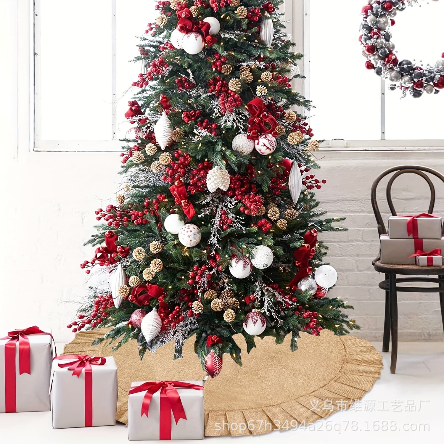 Cross-border Christmas Linen Ruffle Christmas Decoration Pure Yellow Linen Christmas Tree Skirt Tree Bottom Decoration