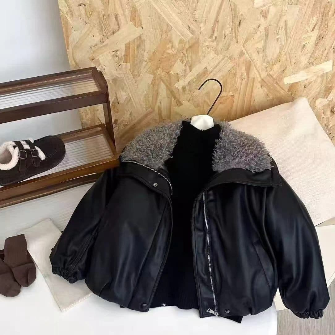 Boys' Fleece-Lined Padded Soft Leather Jacket 2026 Winter New Style for Older Kids with Faux Fur Sleeves Trendy