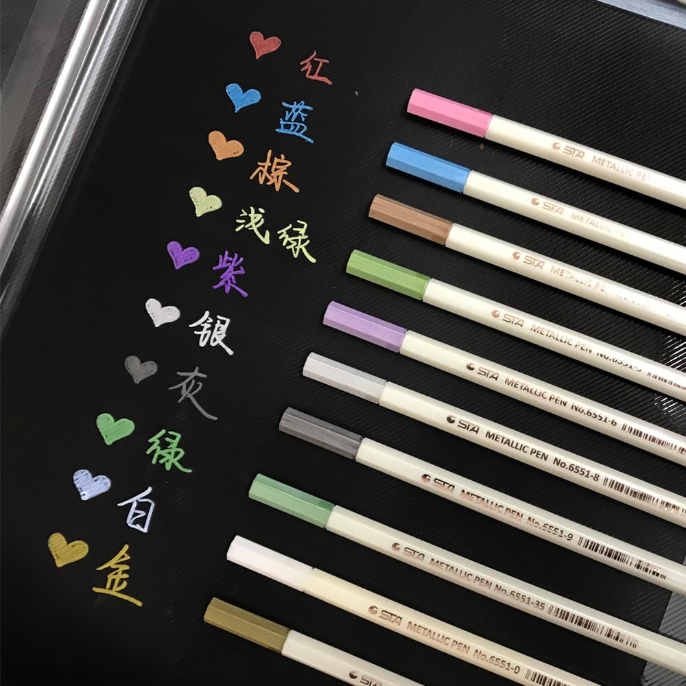 STA Metallic Color Brush Pen, Soft Tip Glitter Pen for Signature, Quick-Dry, for Black Card and Kraft Paper Journaling, Metallic Color