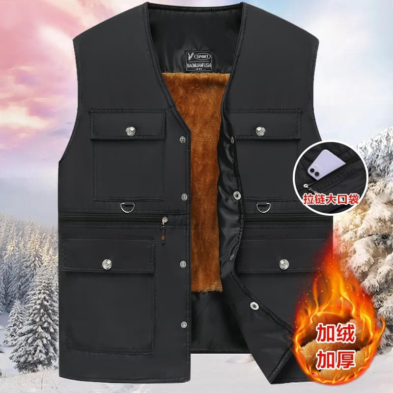 Autumn and Winter Elderly Men's Cotton Vest, Fleece-Lined, Thickened, Multi-Pocket Dad's Outfit Warm Sleeveless Jacket, Drop Shipping