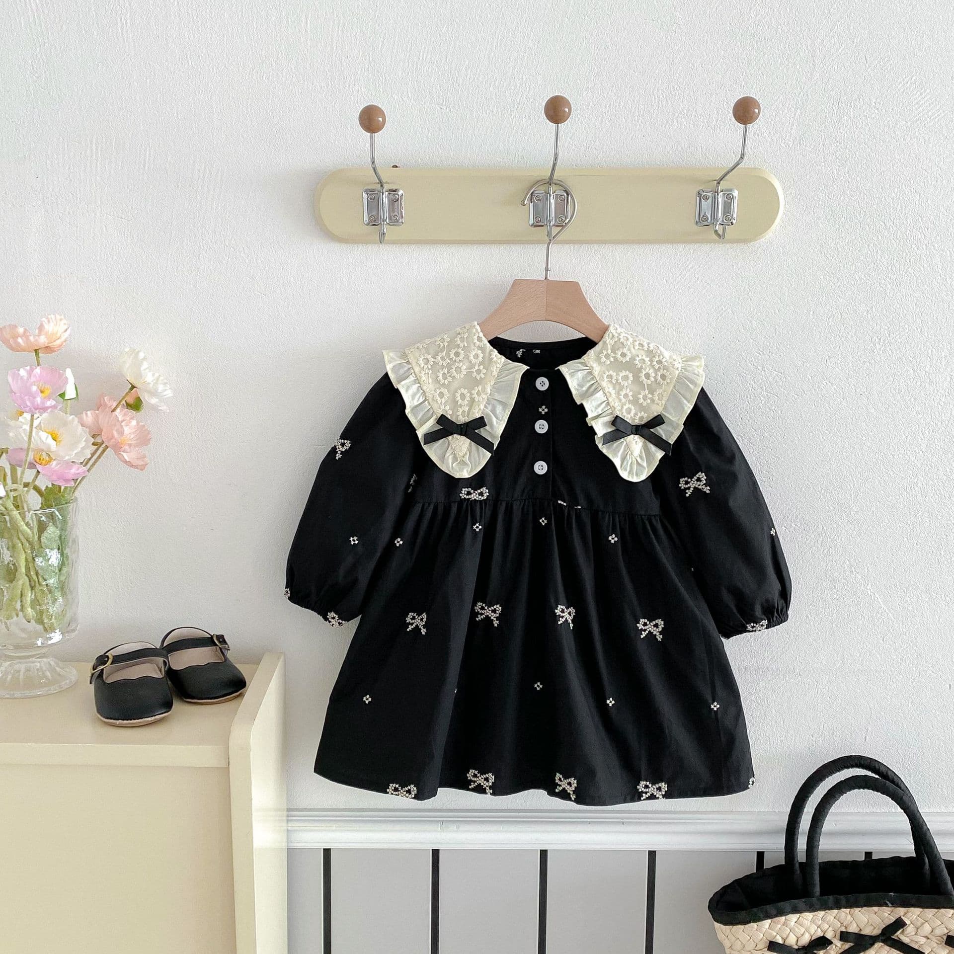 Girls' Dress Korean Style Spring Autumn Long Sleeve Bow Embroidery Baby Princess Dress Children's Clothing