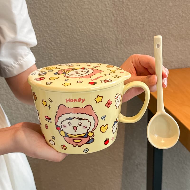 Usaqi Instant Noodle Bowl with Lid and Spoon, Household Ceramic Noodle Cup, Student Snail Noodle Bowl, Ramen Bowl, Soup Bowl, Tableware