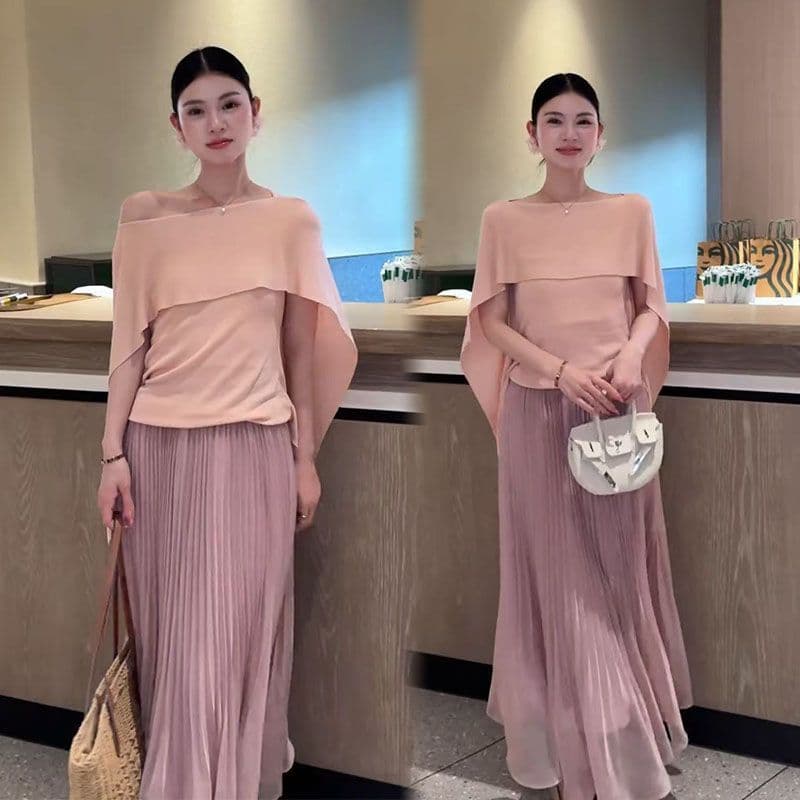 2026 Chic Faux Layered Summer New Minimalist Solid Color Round Neck Cape Style Short Sleeve T-Shirt for Women Versatile Top