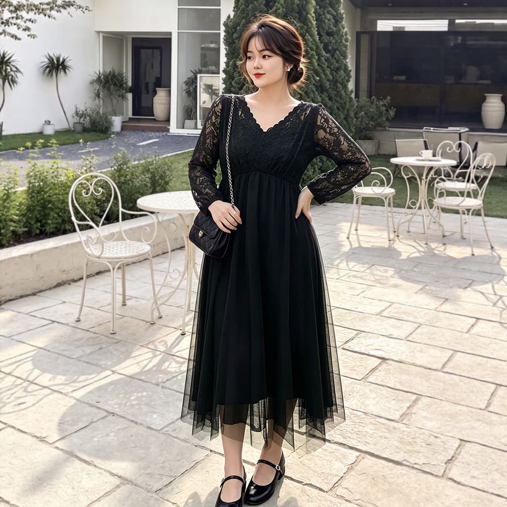 130-320 catties large size women's mesh lace long-sleeved dress spring and autumn new slightly fat mm foreign trade evening dress