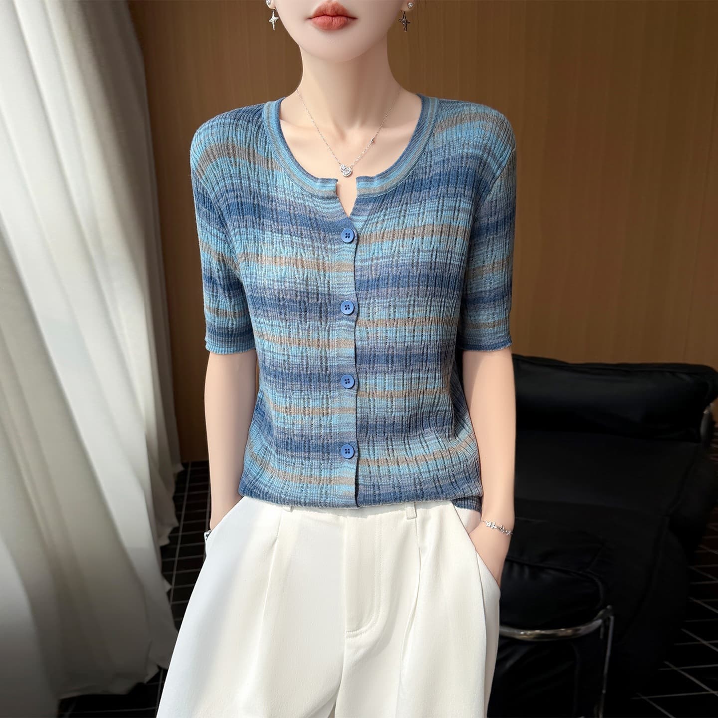 Tencel V-Neck Knit Cardigan Short Sleeve for Women, Hollow Out 2026 Spring Summer New Color Striped Loose Versatile Top