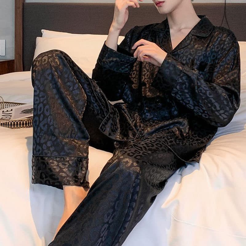 Men's Long Sleeve Pajamas Spring/Autumn Thin Ice Silk Stylish Home Wear Set Plus Size Loose Fit