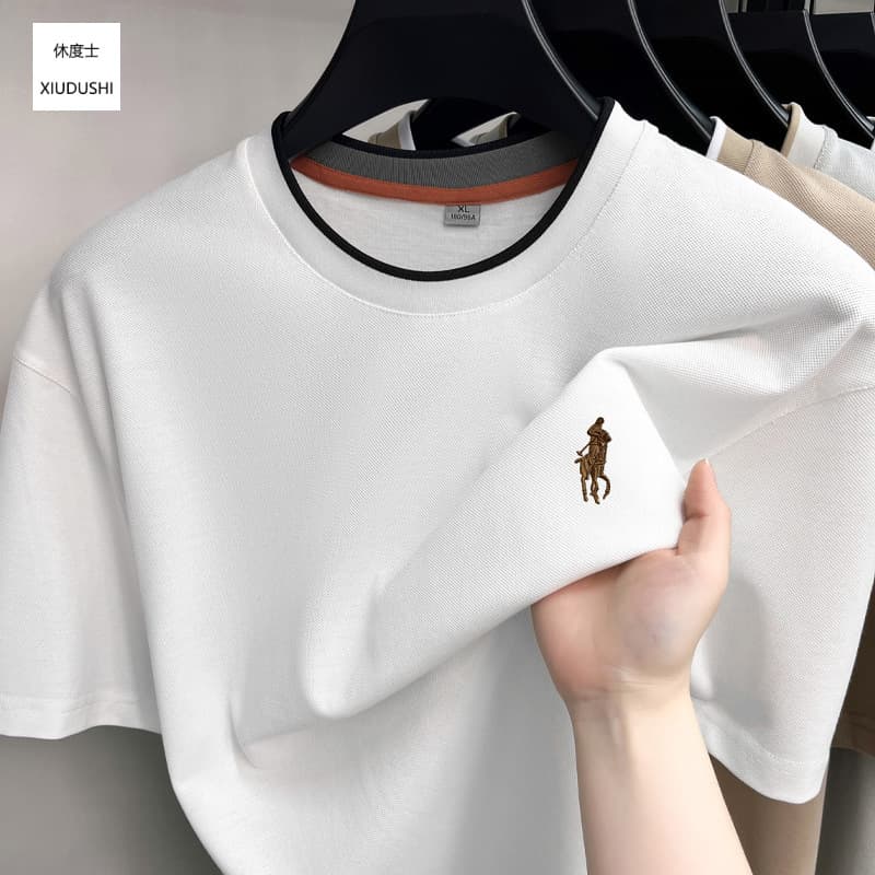 Heavyweight Cotton Contrast Color Men's Short Sleeve T-Shirt with Exquisite Embroidery Small Horse Logo, Summer New Casual Ice Silk Men's Tee