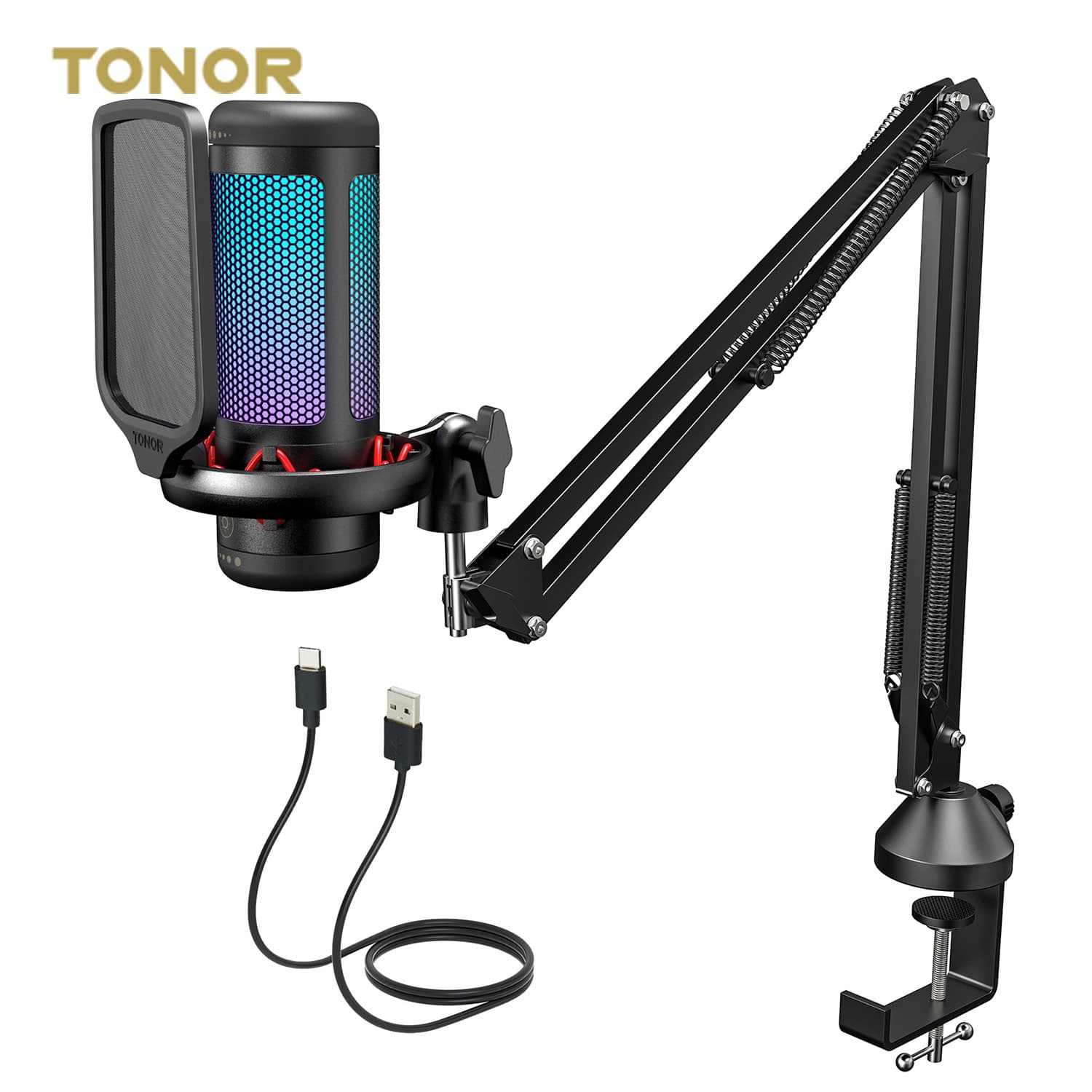 Tonor Cross-border Microphone RGB Color Gradient Gaming Live Streaming Entertainment USB Condenser Mic with Noise Reduction