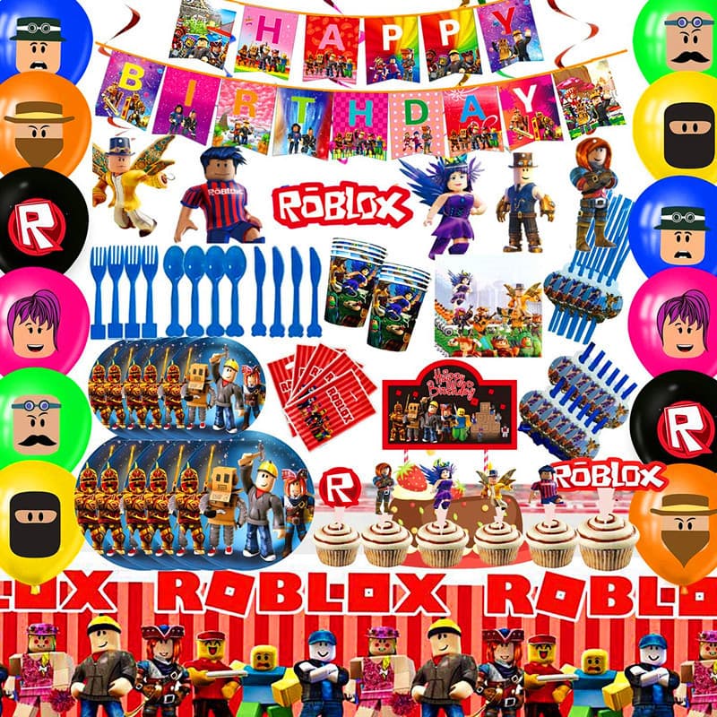 Roblox virtual world game theme party supplies robot balloon banner paper plate cup pull flag