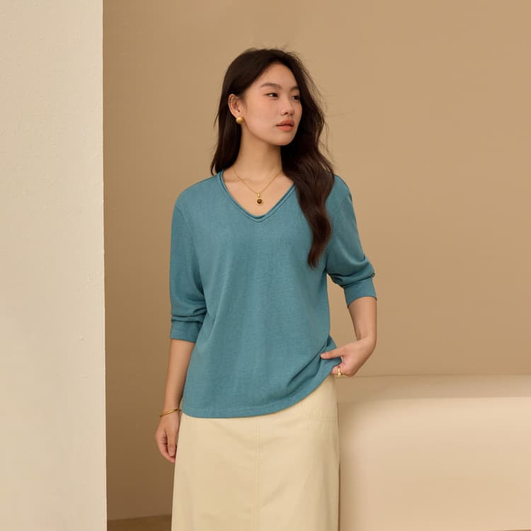 【Puff T-shirt】Minimalist Style Sheer Lightweight V-neck Long-sleeve T-shirt Xianlixiu Plus-size Women's Curvy Girls Autumn New