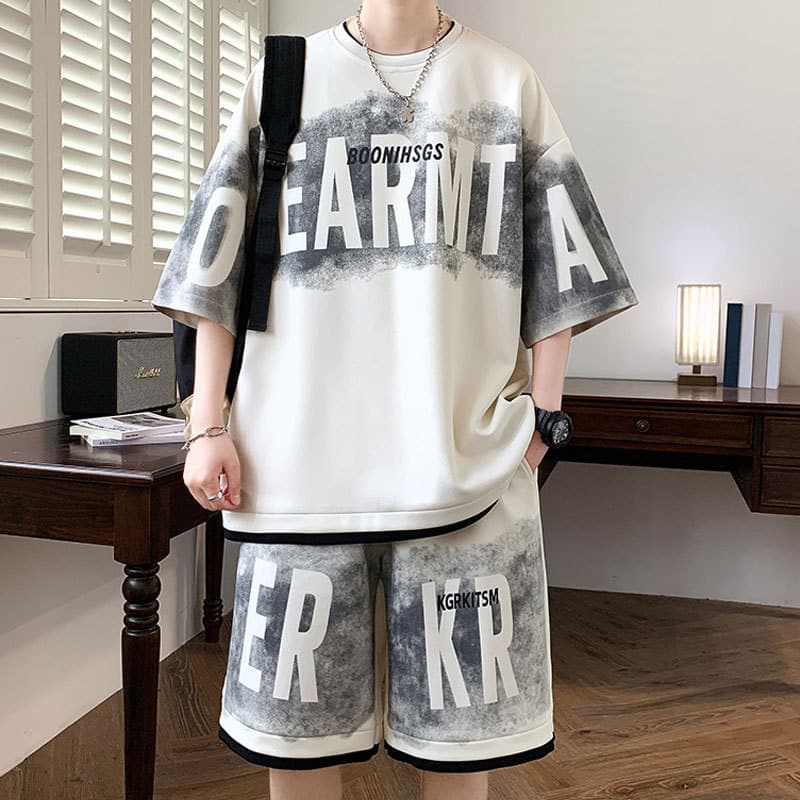 Men's Large Size Sports Ice Silk Casual Short Sleeve Two-Piece Set Summer Trendy Brand Teenage Leisure Short Pants