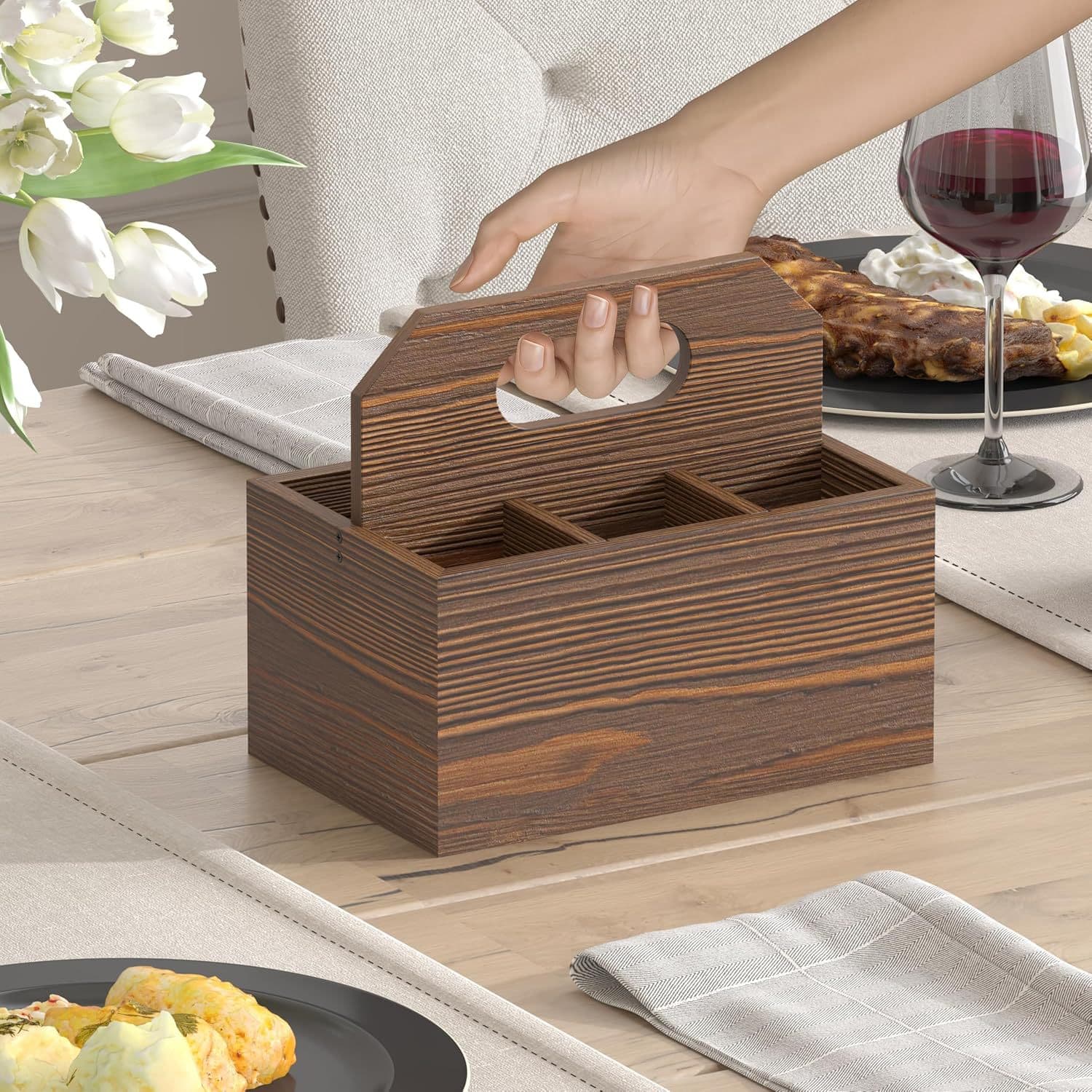 New Rustic Wooden Cutlery Box with Napkin Holder for Farmhouse Kitchen Decoration Flat Cutlery Box with Handles