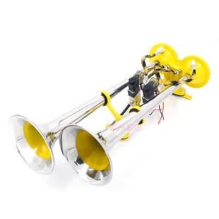 24V Yellow Dual Tube Air Horn, Train Horn for Truck Boat Modification, Stainless Steel Two-Tube Air Horn