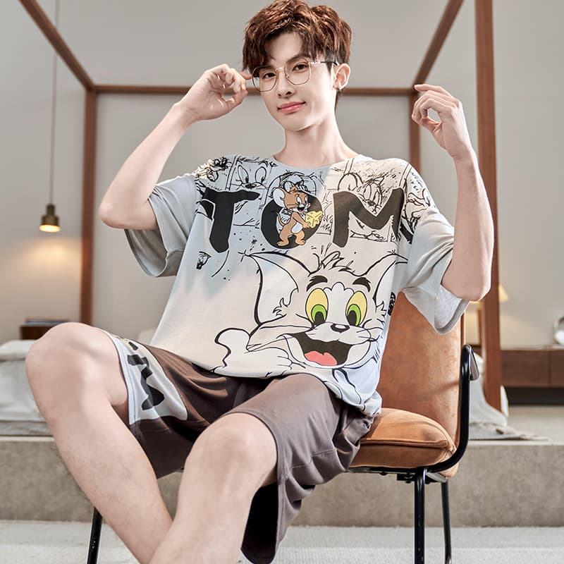 2026 New Summer Modal Pajamas for Men Cartoon Short Sleeve Ice Silk Cool Feeling Youth Homewear Set