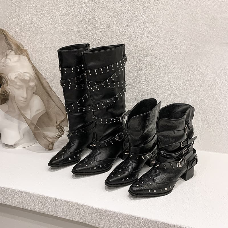 Niche pointed toe slimming long boots for women matte punk style thick heel hot girl knight boots 2025 western cowboy boots trend