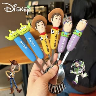 Disney Toy Story 304 Stainless Steel Children's Spoon and Fork Set, Cartoon Silicone Head Baby Eating Utensils