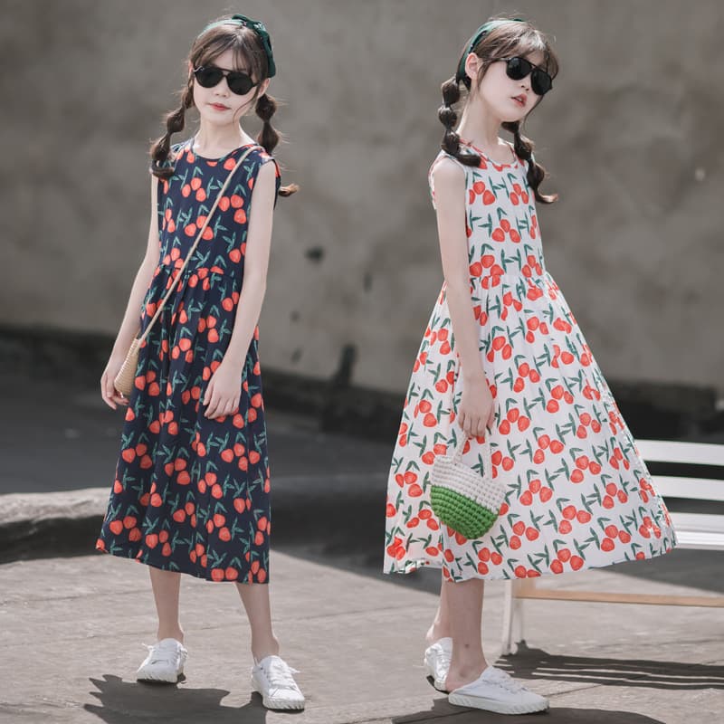 Korean Style Girls Dress Summer Children Over-the-Knee Floral Print Princess Dress for Older Kids 2023 New